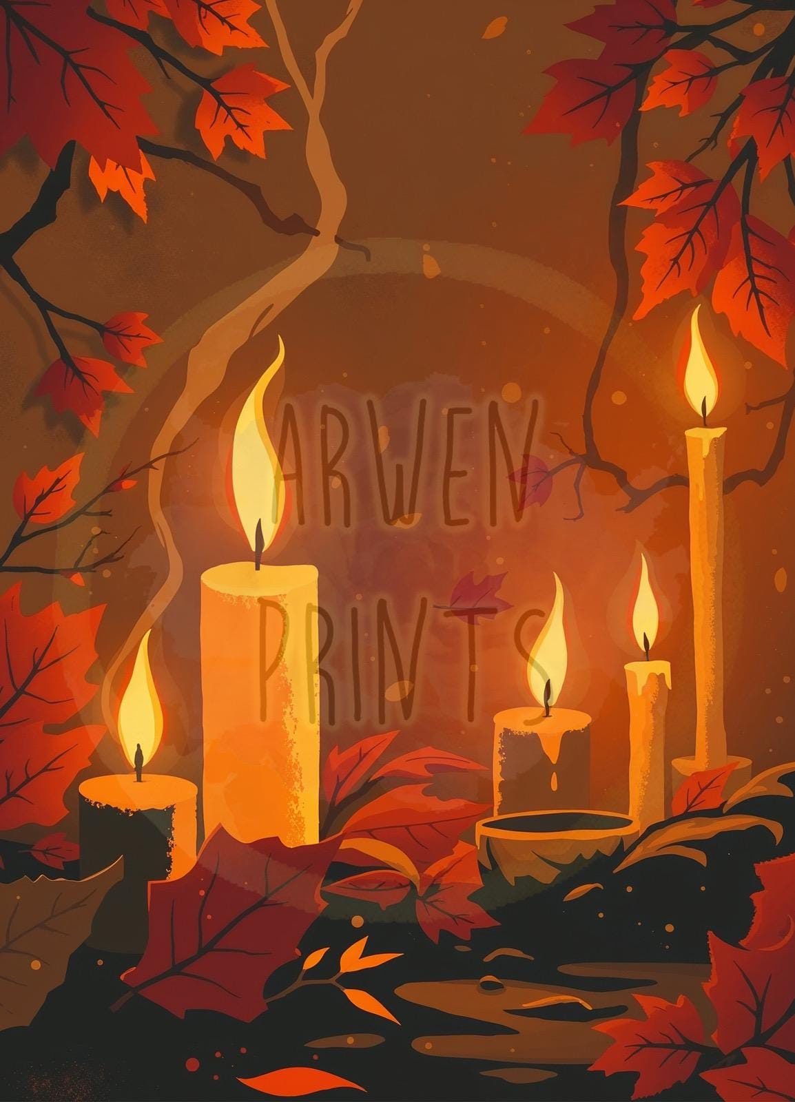 Cozy Autumn Candle Print - Warm Fall Aesthetic Wall Art - Spooky Seasonal Decor - Rustic Halloween Illustration - Halloween Art Print