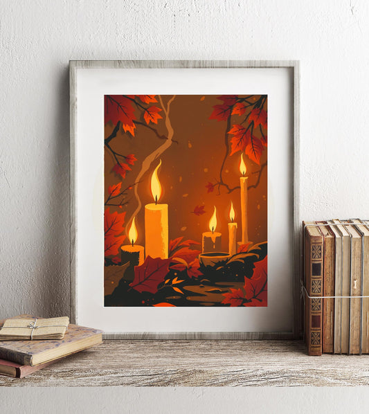 Cozy Autumn Candle Print - Warm Fall Aesthetic Wall Art - Spooky Seasonal Decor - Rustic Halloween Illustration - Halloween Art Print