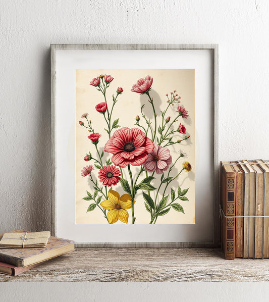 Colorful Floral Botanical Print - Vintage Wildflower Illustration - Rustic Garden Decor - Cottagecore Nature Illustration - Vintage Flowers