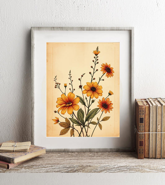 Golden Wildflower Botanical Print - Vintage Floral Wall Art - Warm Earth Tone Decor - Rustic Garden Decor - Cottagecore Nature Illustration