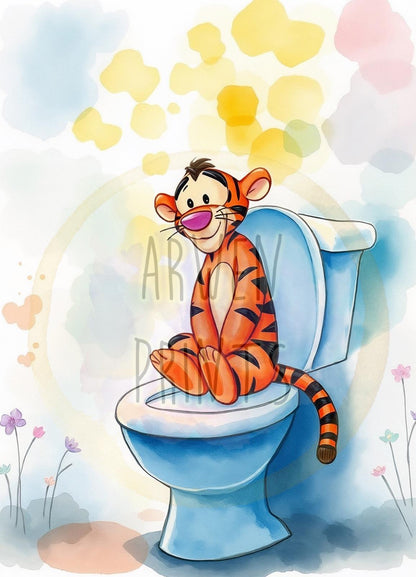 Winnie the Pooh Tigger on Toilet Bathroom Art Print, Pooh Bathroom Art, Cute Bathroom Print, Funny Bathroom Decor, Pooh Bathroom Wall Decor — Disney Wall Art Gift
