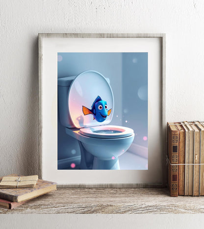 Dory Finding Nemo Swimming Out of Toilet Bathroom Art Print, Dory Bathroom Art, Cute Bathroom Print, Funny Bathroom Decor, Dory Bathroom Art
