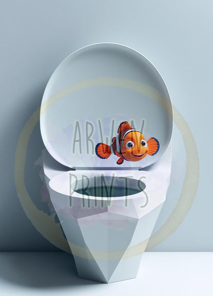 Finding Nemo Swimming Out of Toilet Bathroom Art Print, Nemo Bathroom Art, Cute Bathroom Print, Funny Bathroom Decor, Nemo Bathroom Art