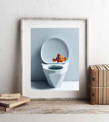 Finding Nemo Swimming Out of Toilet Bathroom Art Print, Nemo Bathroom Art, Cute Bathroom Print, Funny Bathroom Decor, Nemo Bathroom Art