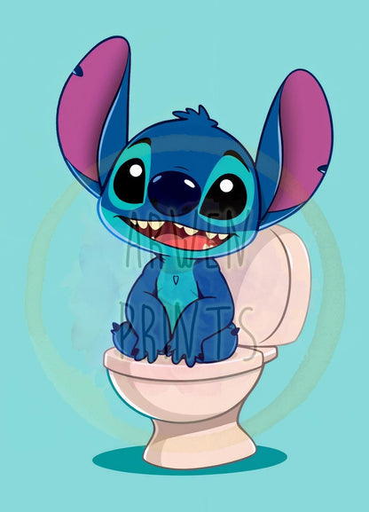 Stitch Sitting on the Toilet Art Print - Disney Bathroom Wall Decor - Funny Bathroom Art - Cute Bathroom Decor - Stitch Bathroom Wall Art