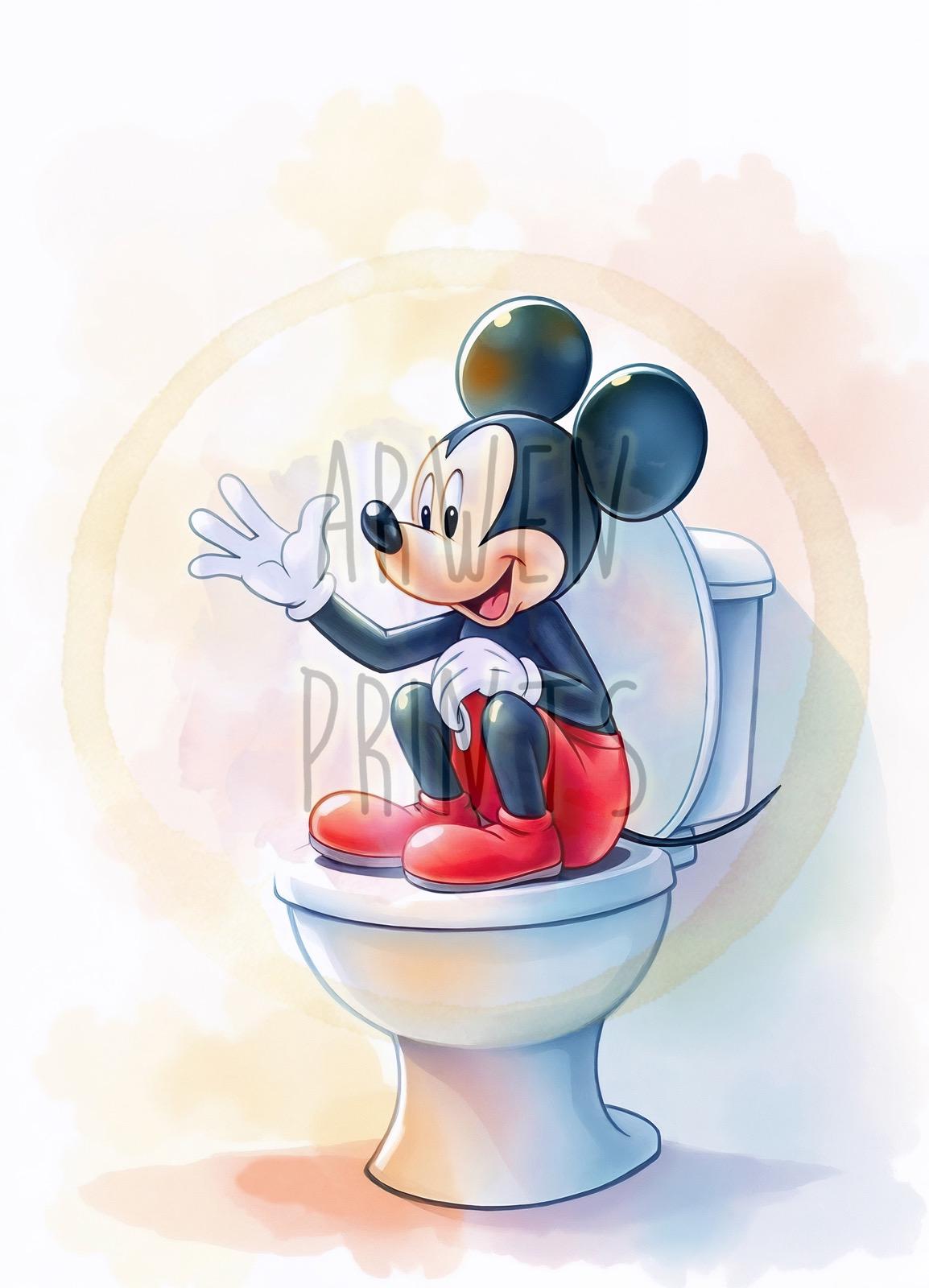 Disney Mickey Mouse Bathroom Wall Art, Mickey Bathroom Art, Cute Bathroom Print, Funny Bathroom Decor, Disney Watercolor Bathroom Wall Art