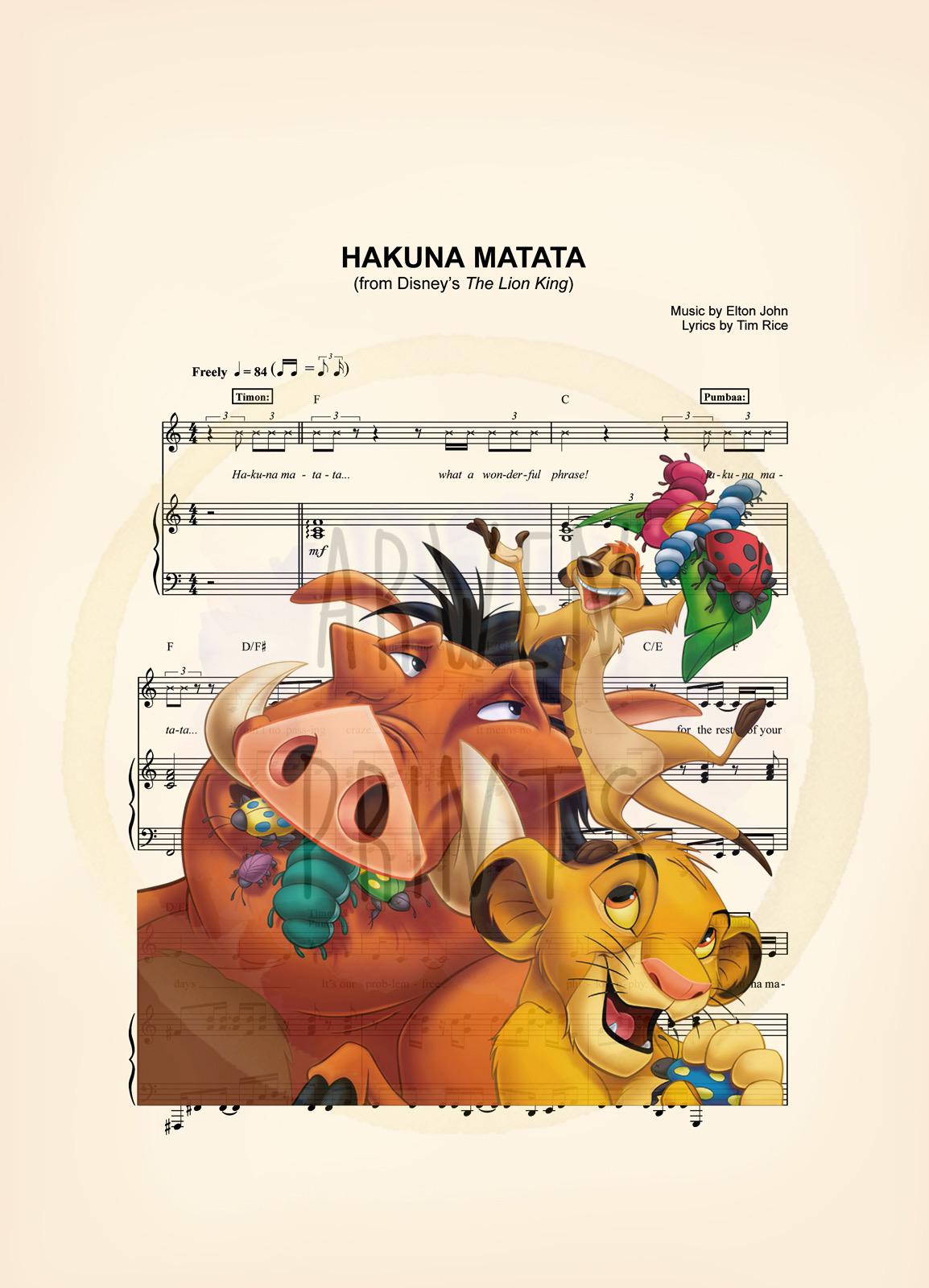 Lion King Young Simba Timon and Pumba Hakuna Matata Sheet Music Art Print
