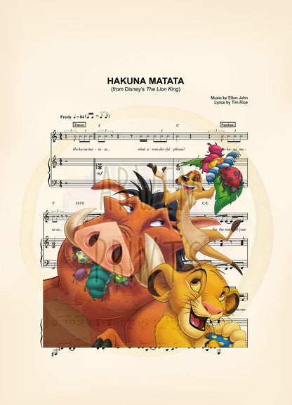 Lion King Young Simba Timon and Pumba Hakuna Matata Sheet Music Art Print