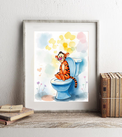 Winnie the Pooh Tigger on Toilet Bathroom Art Print, Pooh Bathroom Art, Cute Bathroom Print, Funny Bathroom Decor, Pooh Bathroom Wall Decor