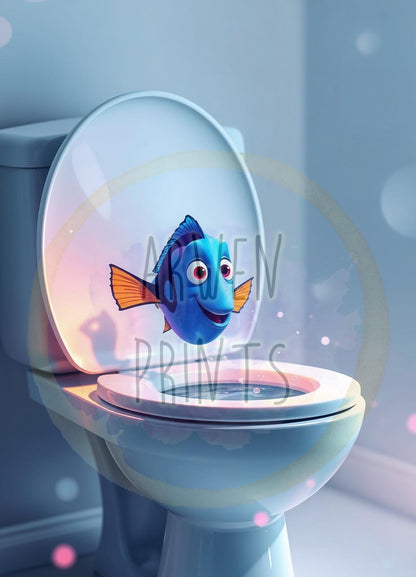 Dory Finding Nemo Swimming Out of Toilet Bathroom Art Print, Dory Bathroom Art, Cute Bathroom Print, Funny Bathroom Decor, Dory Bathroom Art