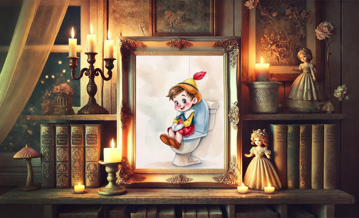 Pinocchio on Toilet Bathroom Art Print, Pinocchio Bathroom Art, Cute Bathroom Print, Funny Bathroom Decor, Pinocchio Bathroom Wall Decor