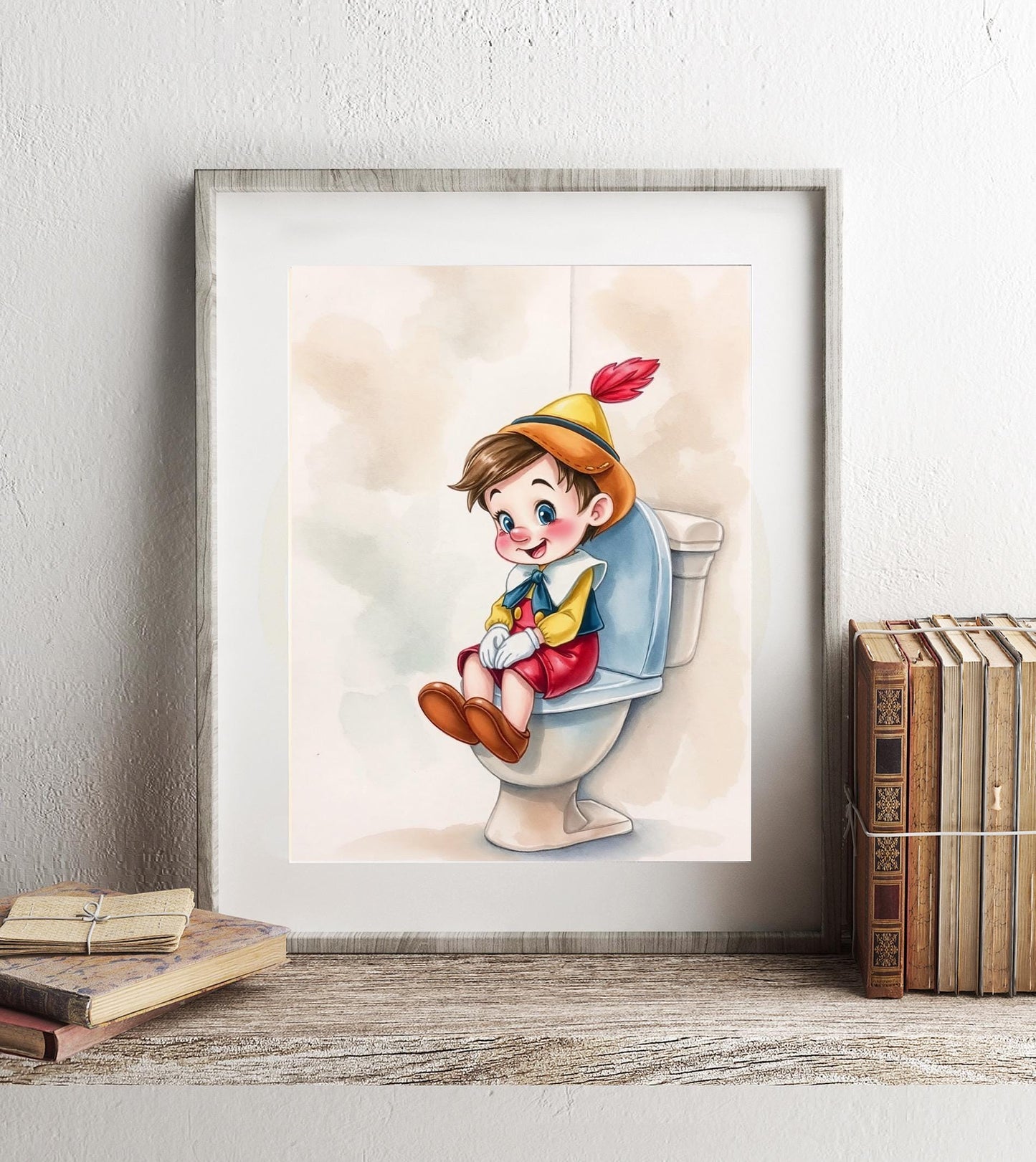 Pinocchio on Toilet Bathroom Art Print, Pinocchio Bathroom Art, Cute Bathroom Print, Funny Bathroom Decor, Pinocchio Bathroom Wall Decor