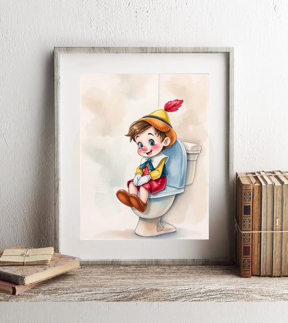Pinocchio on Toilet Bathroom Art Print, Pinocchio Bathroom Art, Cute Bathroom Print, Funny Bathroom Decor, Pinocchio Bathroom Wall Decor