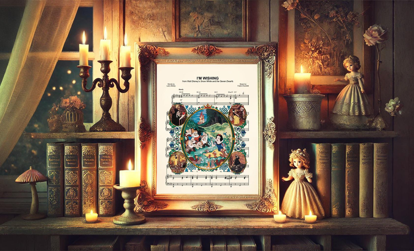 Snow White Movie Scenes Vintage I’m Wishing Sheet Music Art Print