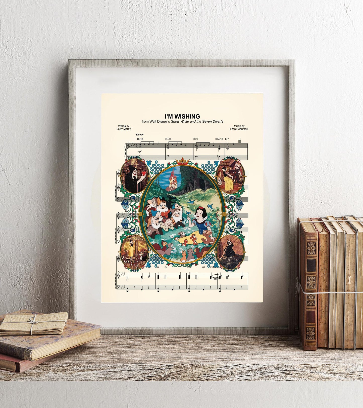 Snow White Movie Scenes Vintage I’m Wishing Sheet Music Art Print
