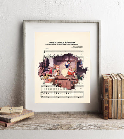 Snow White and the Seven Dwarfs  Vintage Whistle While You Work Sheet Music Wall Art — Disney Gift for Music Lovers
