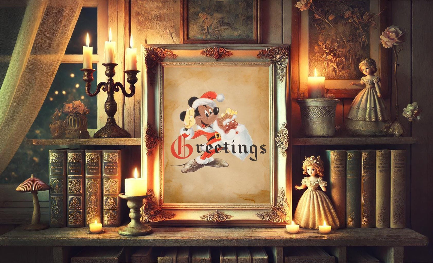 Christmas Mickey Mouse Greetings Vintage Art Print