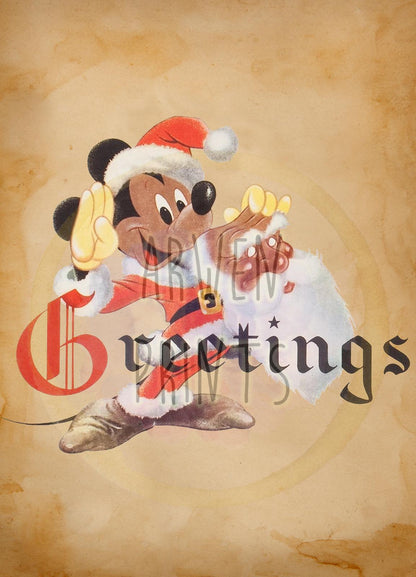 Christmas Mickey Mouse Greetings Vintage Art Print