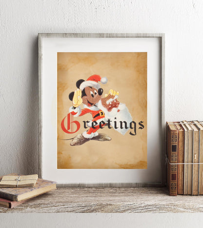 Christmas Mickey Mouse Greetings Vintage Art Print