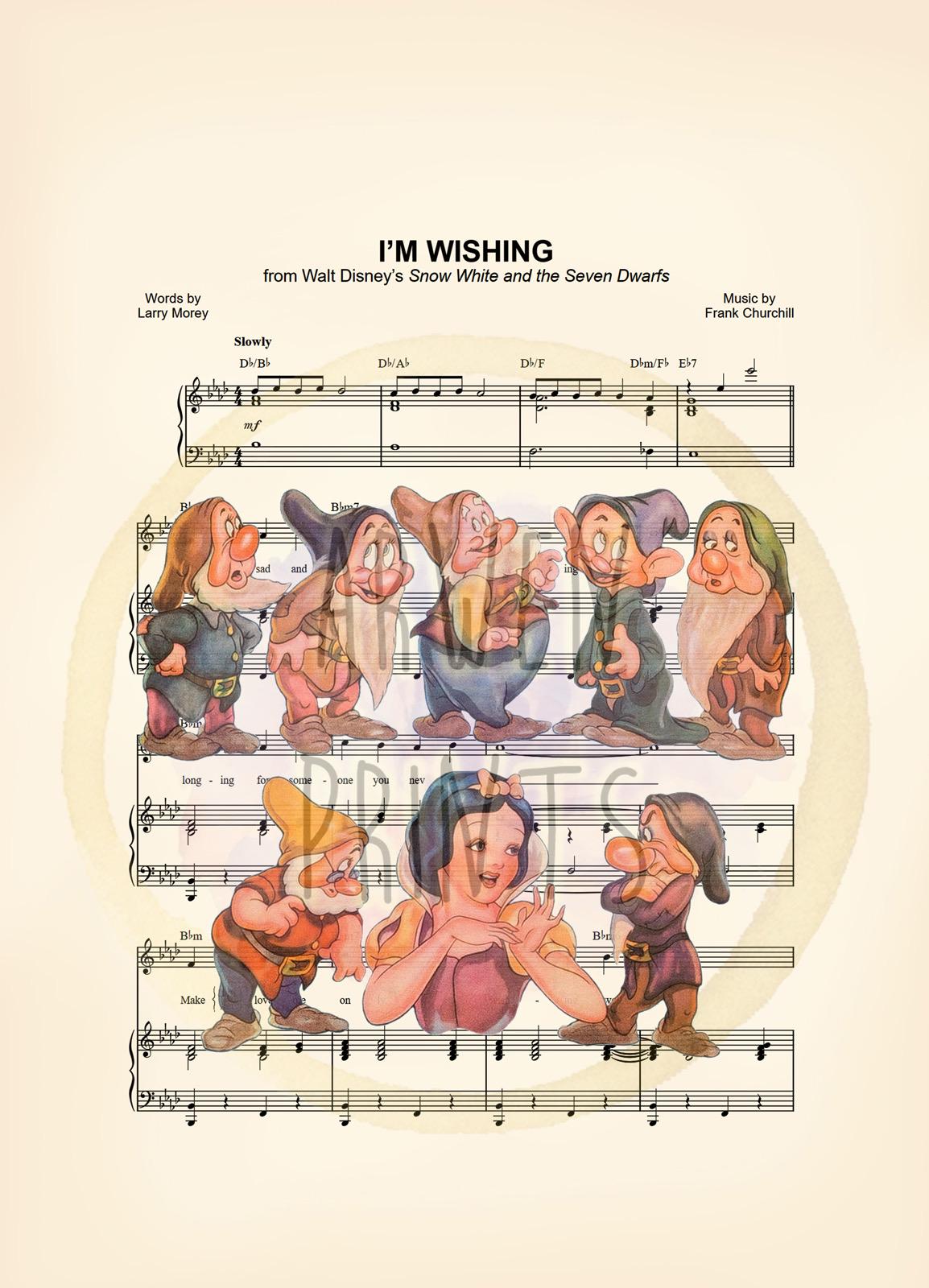 Snow White and the Seven Dwarfs I’m Wishing Vintage Sheet Music Art Print