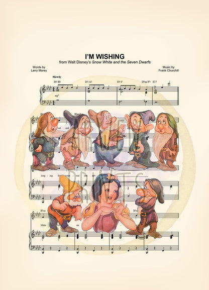 Snow White and the Seven Dwarfs I’m Wishing Vintage Sheet Music Art Print