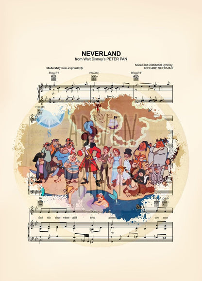 Peter Pan Characters on Map Neverland Sheet Music Wall Art — Disney Gift for Music Lovers