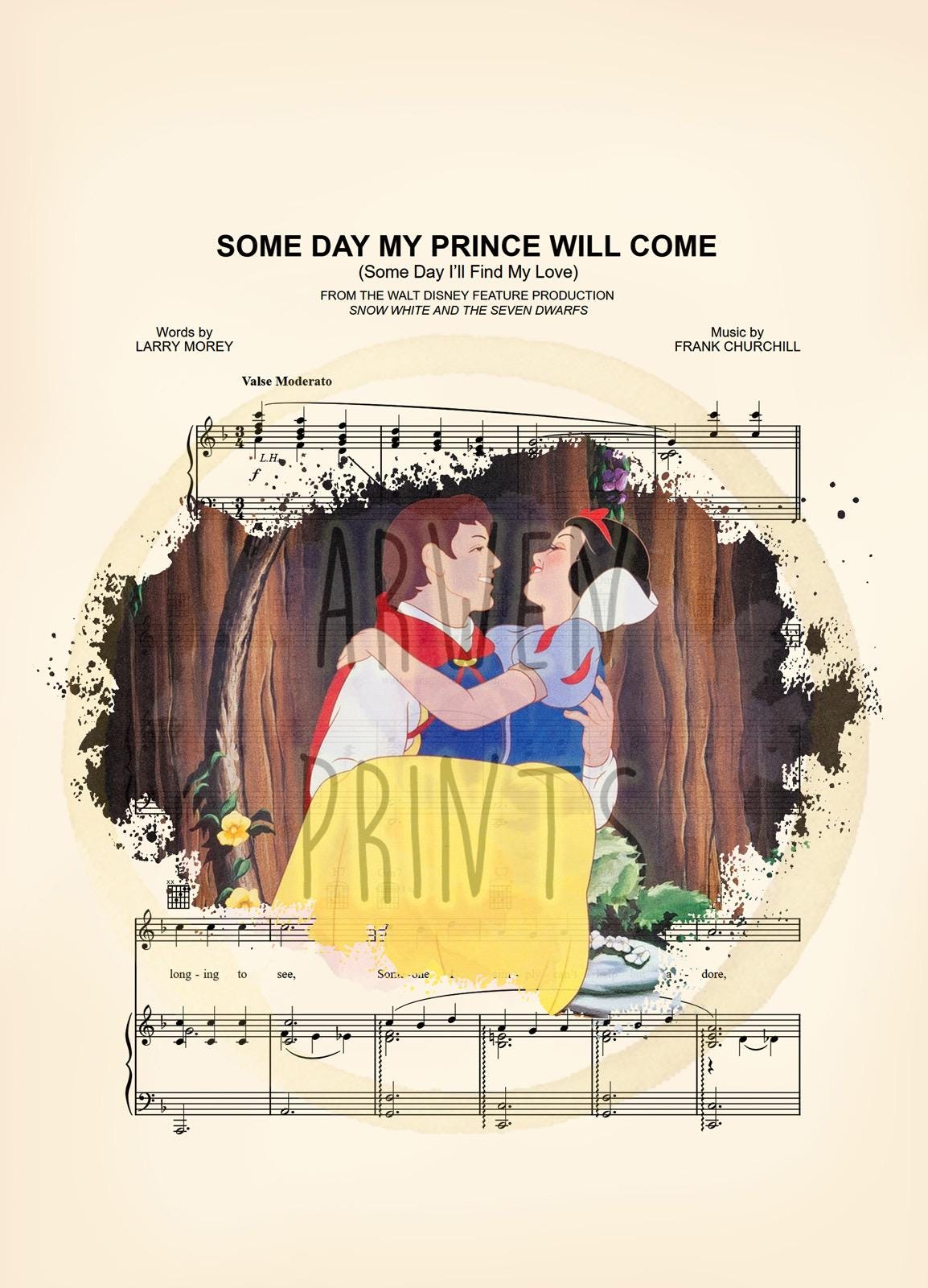 Snow White and Prince Charming Some Day My Prince Will Come Sheet Music Art Print