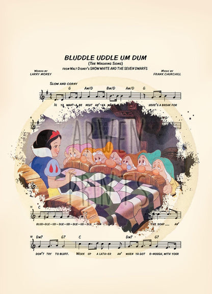 Snow White and the Seven Dwarfs  Vintage Bluddle Uddle Um Dum Sheet Music Wall Art — Disney Gift for Music Lovers