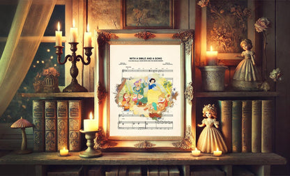 Snow White and the Seven Dwarfs With A Smile And A Song Sheet Music Art Print