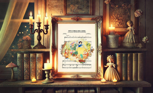 Snow White and the Seven Dwarfs With A Smile And A Song Sheet Music Art Print