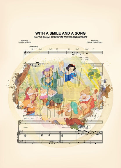 Snow White and the Seven Dwarfs With A Smile And A Song Sheet Music Art Print