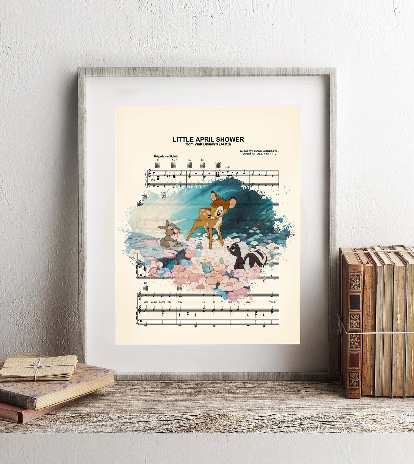 Bambi Thumper & Flower in a Flower Field Little April Shower Sheet Music Art Print