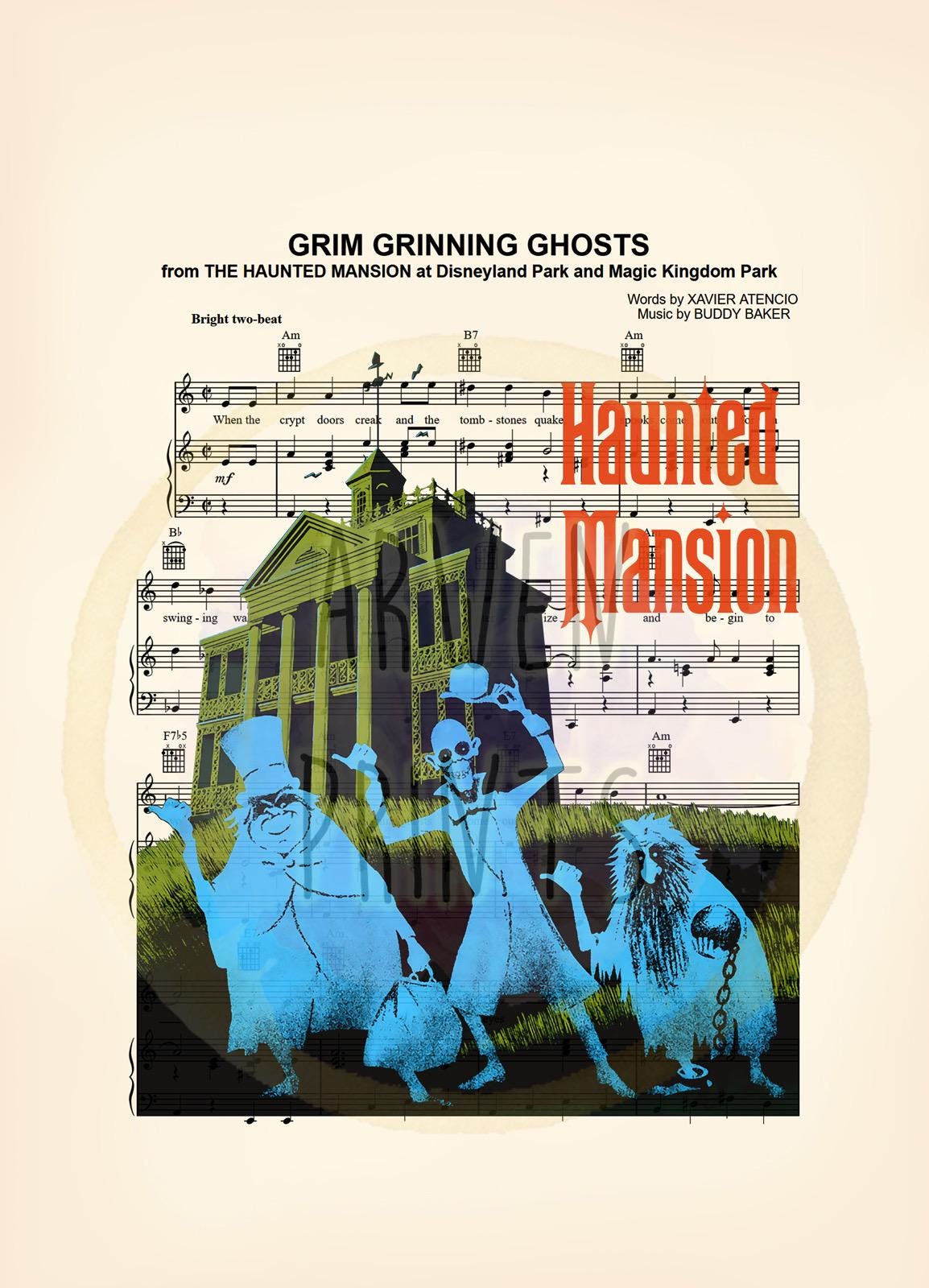 Haunted Mansion Hitchhiking Ghosts Grim Grinning Ghosts Sheet Music Art Print - Disneyland Ride Art - Vintage Disney Art - Disney Halloween