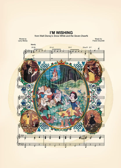 Snow White Movie Scenes Vintage I’m Wishing Sheet Music Art Print