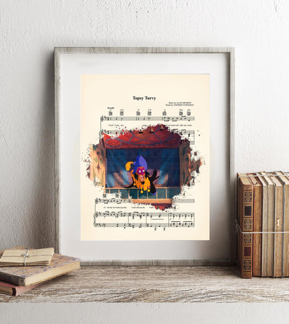 Hunchback Clopin in Booth Topsy Turvy Disney Sheet Music Wall Art — Disney Gift for Music Lovers