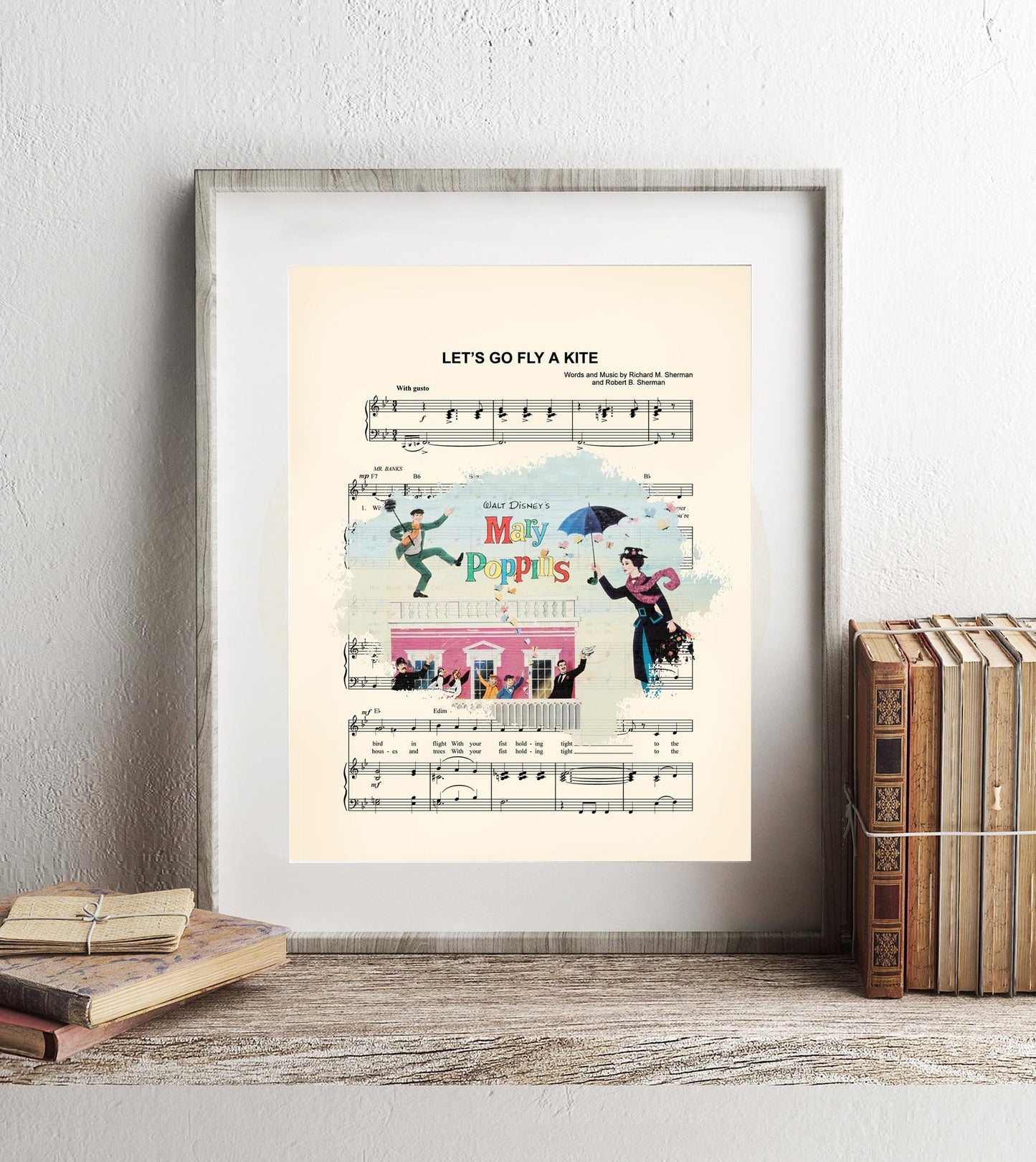 Mary Poppins Vintage Illustration Disney Let’s Go Fly A Kite Sheet Music Art Print