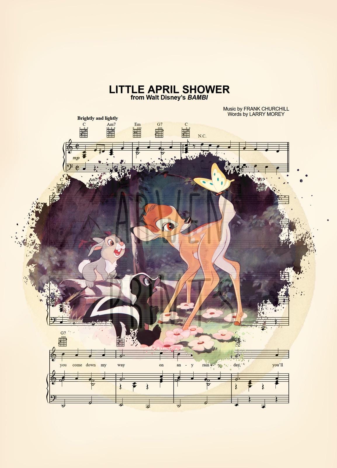 Bambi Thumper & Flower Splatter Little April Shower Sheet Music Art Print