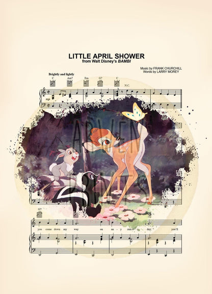 Bambi Thumper & Flower Splatter Little April Shower Sheet Music Art Print