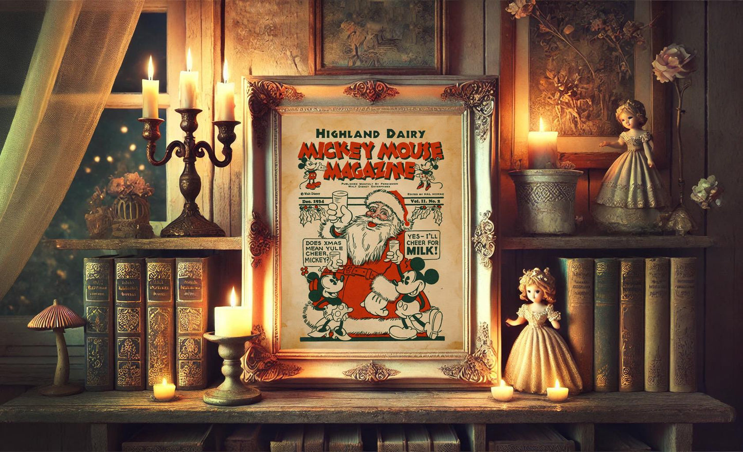 Mickey Mouse Magazine Mickey Minnie and Santa Christmas Vintage Art Print