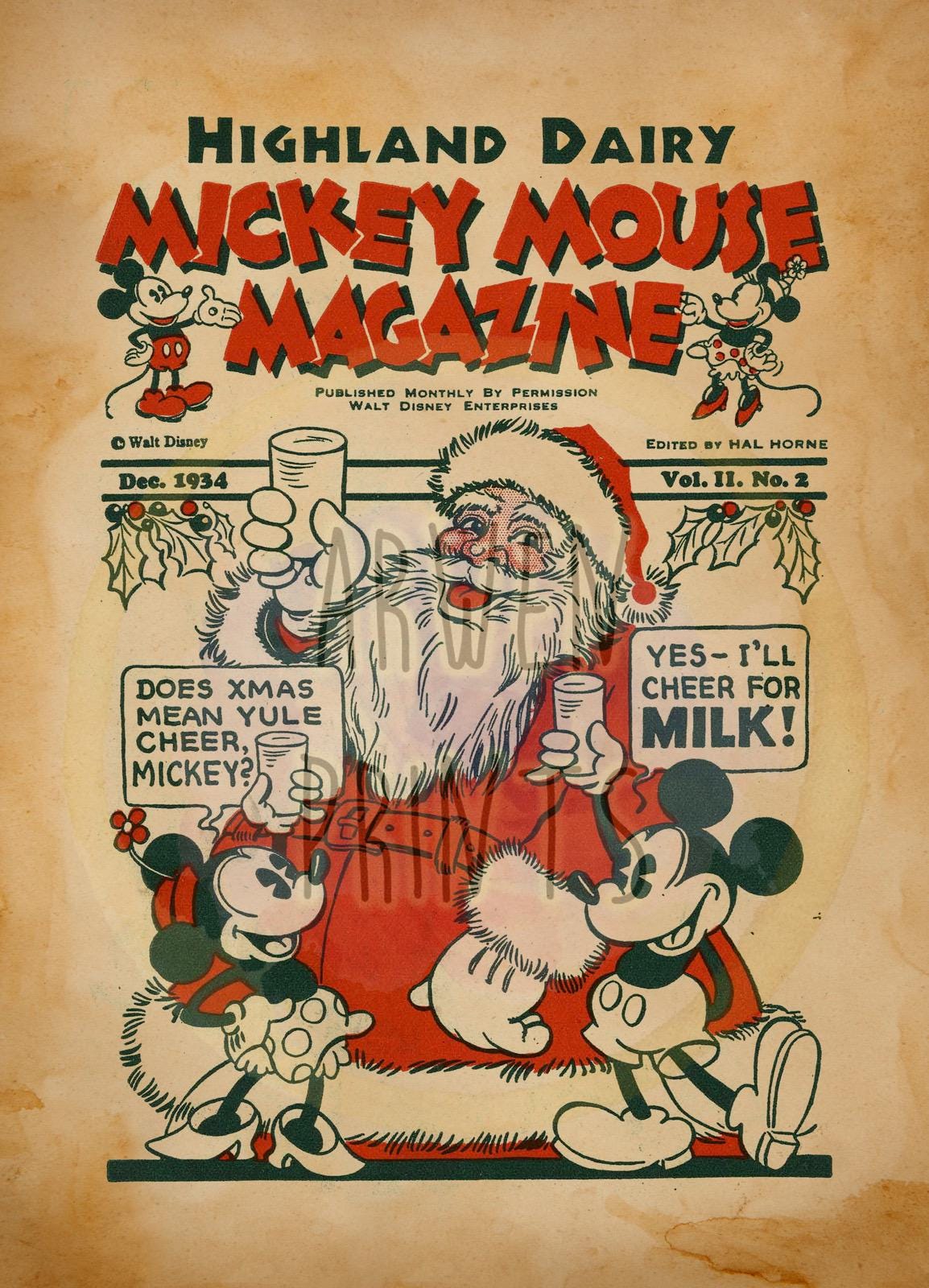 Mickey Mouse Magazine Mickey Minnie and Santa Christmas Vintage Art Print