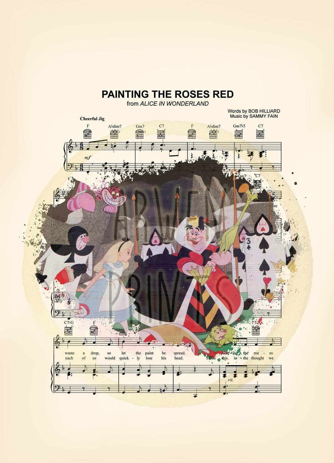 Alice in Wonderland Queen of Hearts Painting the Roses Red Sheet Music Art Print