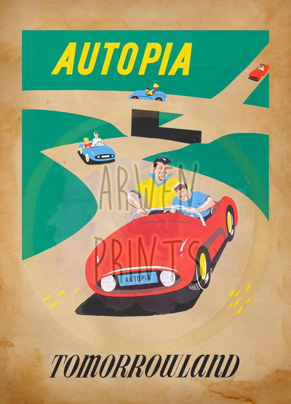 Autopia Disneyland Ride Vintage Art Print - Disneyland Ride Art - Vintage Disney Art