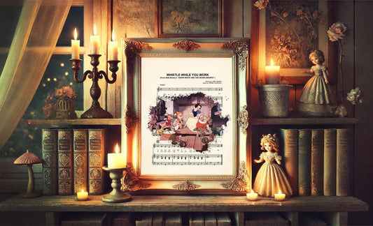 Snow White and the Seven Dwarfs  Vintage Whistle While You Work Sheet Music Wall Art — Disney Gift for Music Lovers