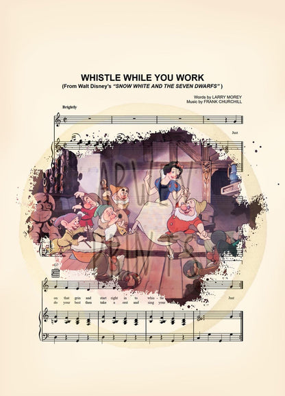 Snow White and the Seven Dwarfs Splatter Vintage Whistle While You Work Sheet Music Art Print