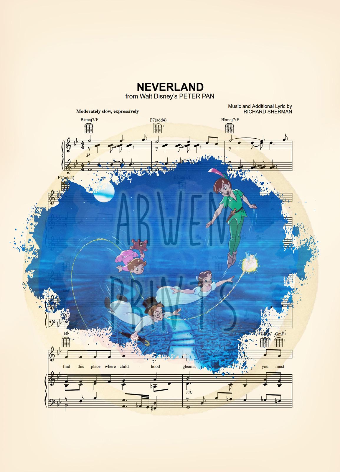 Peter Pan Wendy John Michael Tinker Bell Splatter Neverland Sheet Music Art Print