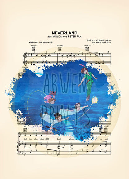 Peter Pan Wendy John Michael Tinker Bell Splatter Neverland Sheet Music Art Print