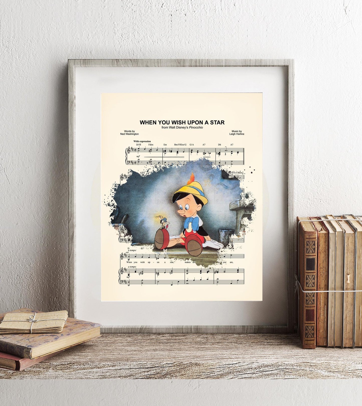 Pinocchio and Jiminy Cricket Splatter When You Wish Upon A Star Sheet Music Art Print