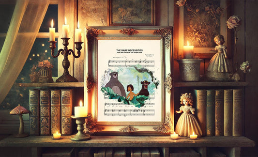 The Jungle Book Mowgli, Baloo and Bagheera The Bare Necessities Sheet Music Wall Art — Disney Gift for Music Lovers