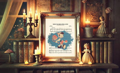Pinocchio Walking to School Splatter Vintage When You Wish Upon A Star Sheet Music Art Print