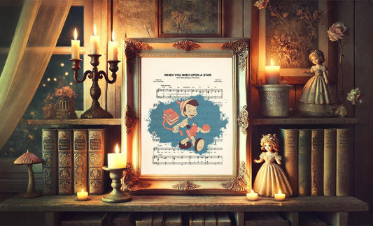Pinocchio Walking to School Splatter Vintage When You Wish Upon A Star Sheet Music Art Print